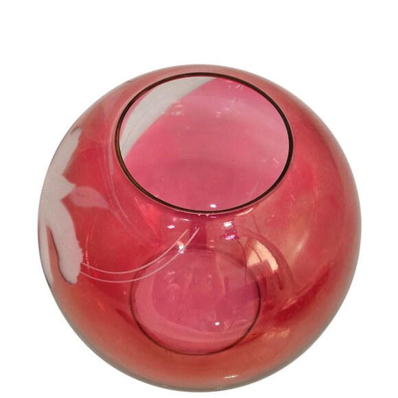 Cranberry Glass Rose Bowl Vase 6" vtg Victorian style etched floral flower globe - Picture 4 of 10
